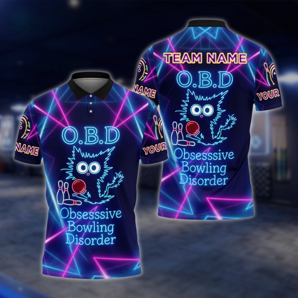O.B.D Obsessive Bowling Disorder Personalized Cat Neon Men's Bowling Polo Shirt, Custom Funny Bowling Shirt For Team BZ0743 BOW0176