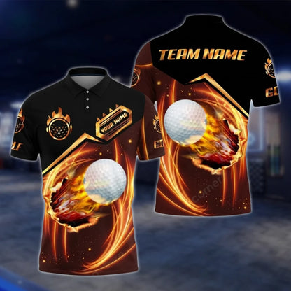 Personalized Fire Golf Ball Golf Polo Shirt Mens, Custom Flame Golf Shirt For Team GOF0027