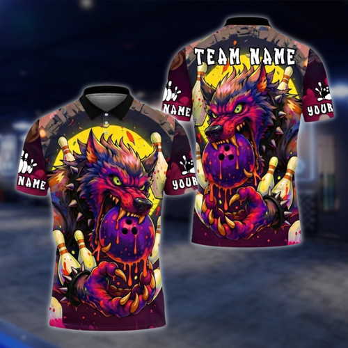 Personalized Wolf Colorful Bowling Mens Polo Shirt, Custom Wolf Bowling Team Shirt BE0215 BOW0156