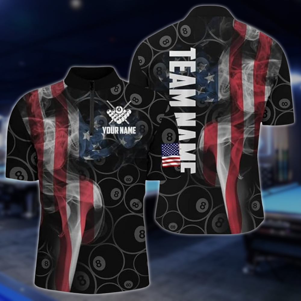 Custom 8 Ball USA Flag Smoke Billiard Jersey For Men, Custom Patriotic Billiard Team Shirts BLD0276