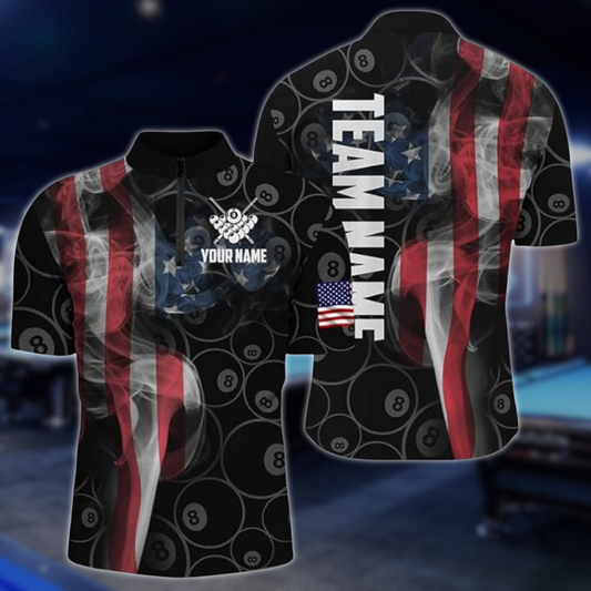 Custom 8 Ball USA Flag Smoke Billiard Jersey For Men, Custom Patriotic Billiard Team Shirts BLD0276