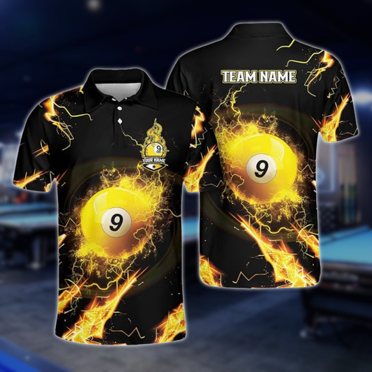 Custom Thunder 9 Ball Yellow Billiard Polo Shirt Mens, Custom 9 Ball Pool Billiard Team Shirts BLD0252