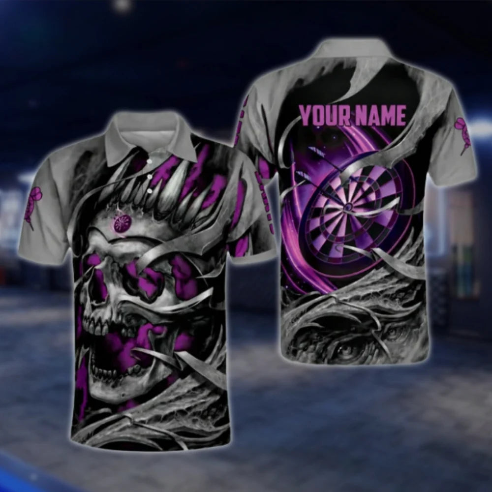 Custom Skull Grunge Purple Dart Mens Polo Shirt, Custom Skull Dart Shirt With Name DAT0263