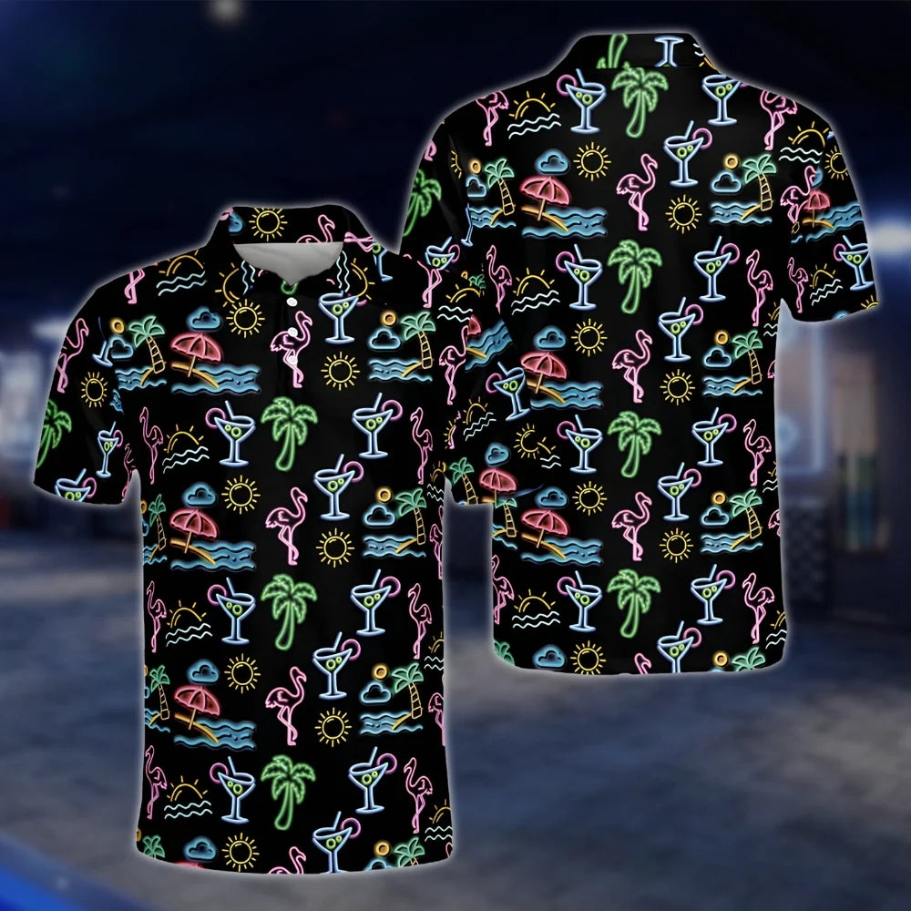 Neon Flamingo Beach Cocktail Golf Polo Shirts Mens, Flamingo Tropical Golf Shirt GOF0189