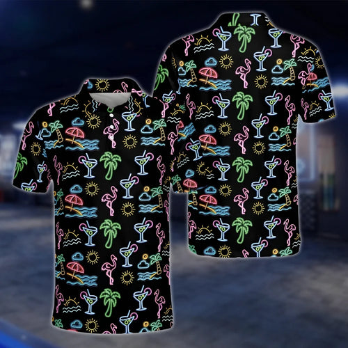 Neon Flamingo Beach Cocktail Golf Polo Shirts Mens, Flamingo Tropical Golf Shirt GOF0189