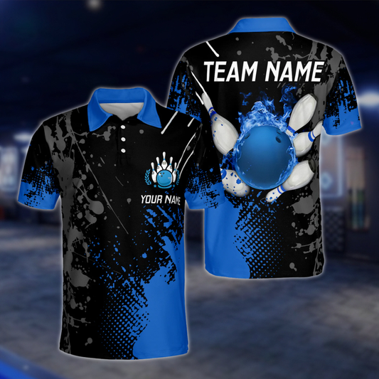 Custom Flaming Ball Bowling Polo Mens Shirt Blue, Custom Flame Bowling Team Shirts BZ0086 BOW0335