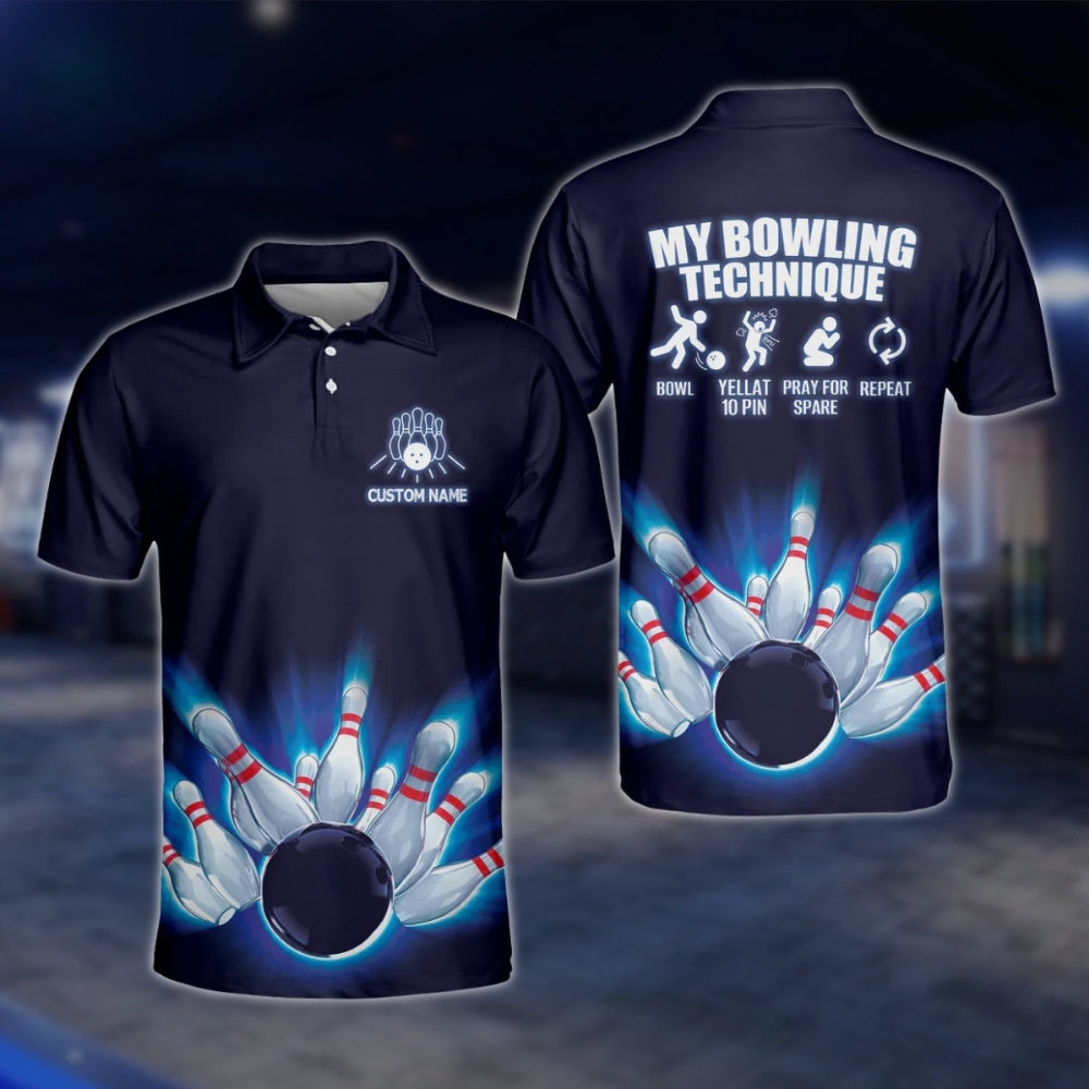 Custom My Bowling Technique Mens Navy Blue Bowling Polo Shirt, Custom Fuuny Bowling Shirts BM0026 BOW0271