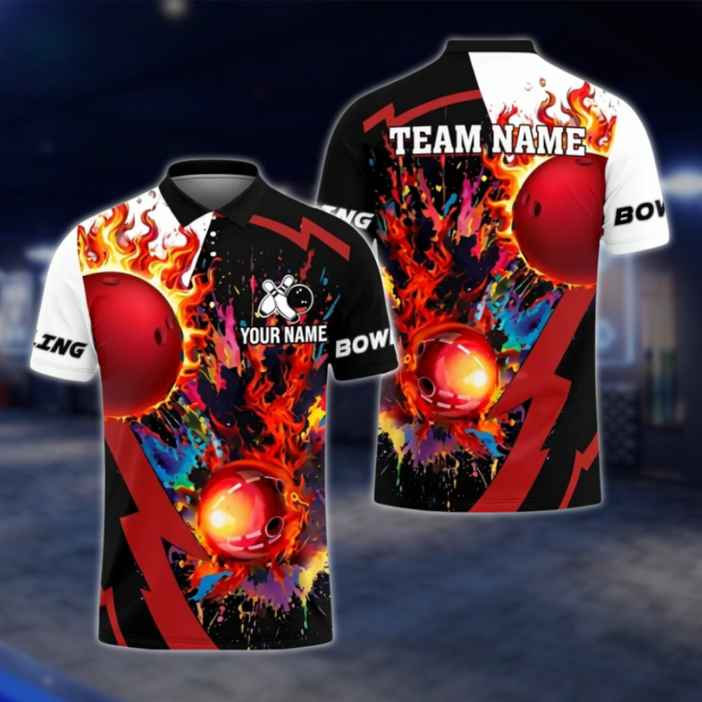 Custom Flame Ball Colorful Bowling Polo Shirts Men, Custom Flame Bowling Team Shirts SO1093 BOW0451
