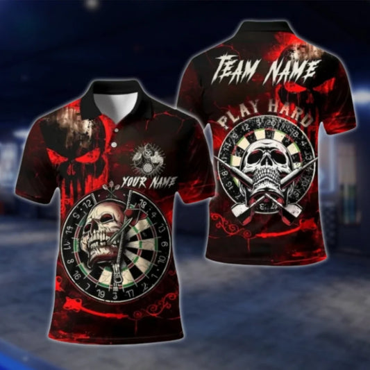 Custom Skull Play Hard Dart Mens Polo Shirt, Custom Skull Dart Team Shirts Red DAT0312
