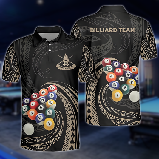 Custom Tribal Black And Gold Billiard Polo Shirts For Men, Custom Tribal Billiard Team Shirts BLD0289