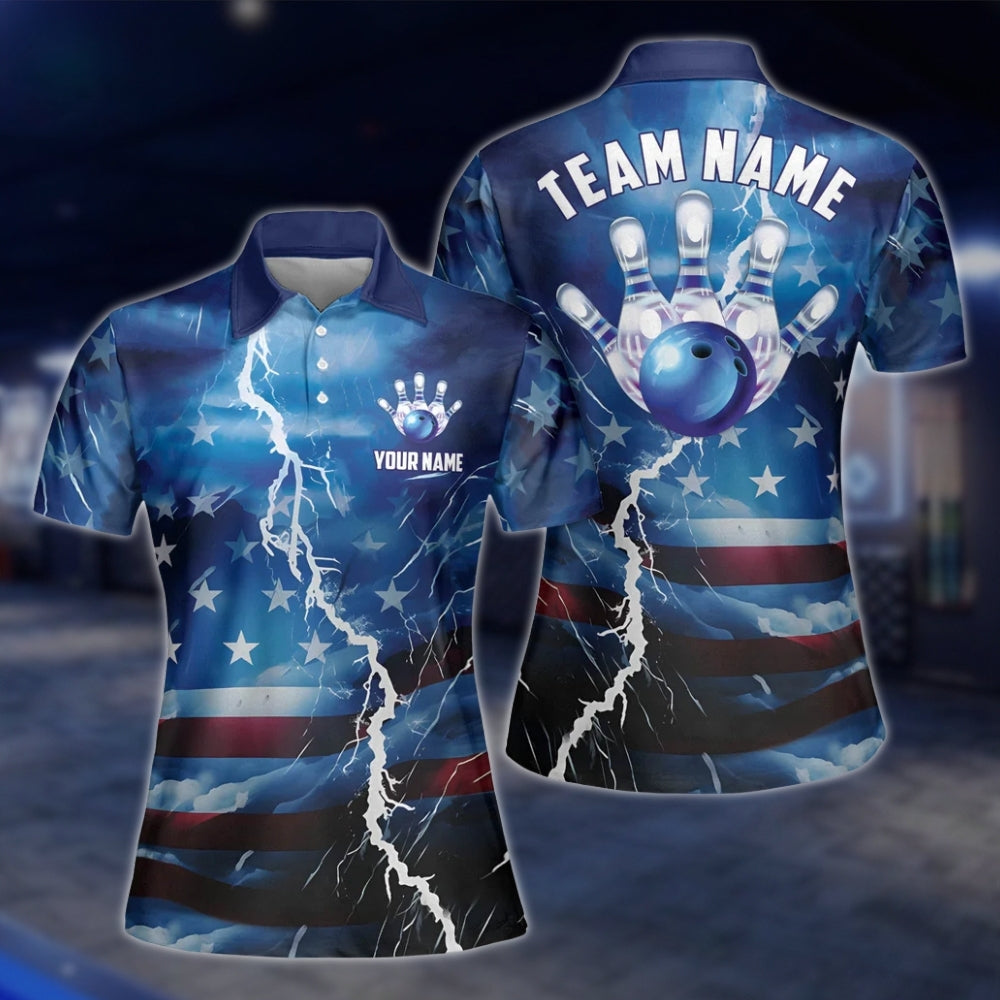 Womens Custom Amercian Flag Thunder Bowling Polo Shirt, Custom Patriotic Bowling Team Shirts For Ladies BW0122 BOW0251