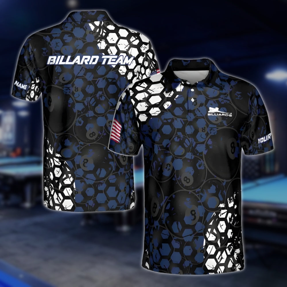 Custom Black And Blue 8 Ball Billiard Polo Shirt Mens, Custom 8 Ball Billiard Shirts For Team BLD0193
