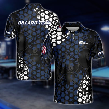 Custom Black And Blue 8 Ball Billiard Polo Shirt Mens, Custom 8 Ball Billiard Shirts For Team BLD0193
