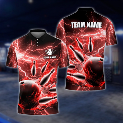 Personalized Thunder Lightning Red And BlackBowling Polo Shirt For Men, Custom Thunder Team Bowling Shirts BZ0739 BOW0180