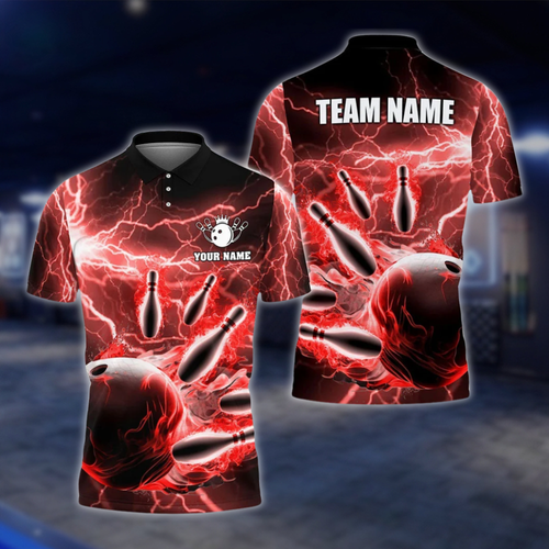 Personalized Thunder Lightning Red And BlackBowling Polo Shirt For Men, Custom Thunder Team Bowling Shirts BZ0739 BOW0180