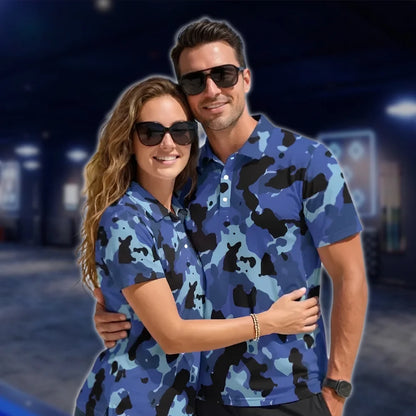 Matching Blue Camo Golf Polo Shirts For Men And Women, Matching Camo His And Her Golf Shirts GOF0175