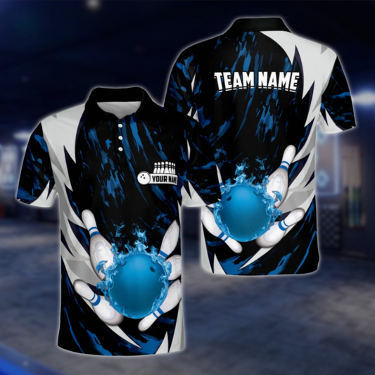 Custom Blue Flame Ball Mens Polo Bowling Team Shirts, Custom Flame Bowling Shirts For Team BZ0043 BOW0443