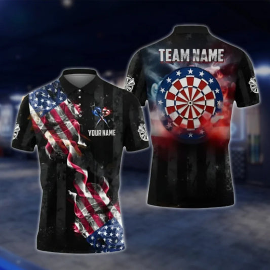 Smoke American Flag Personalized Mens Black Dart Polo Shirt, Custom Patriotic Dart Team Shirts DAT0305