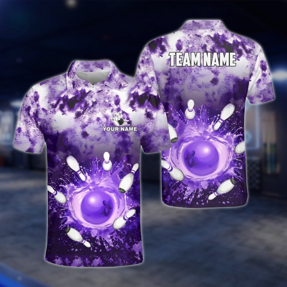 Personalized Mens Splash Purple Bowling Polo Shirt, Custom Bowling Team Shirt BZ0788 BOW0119