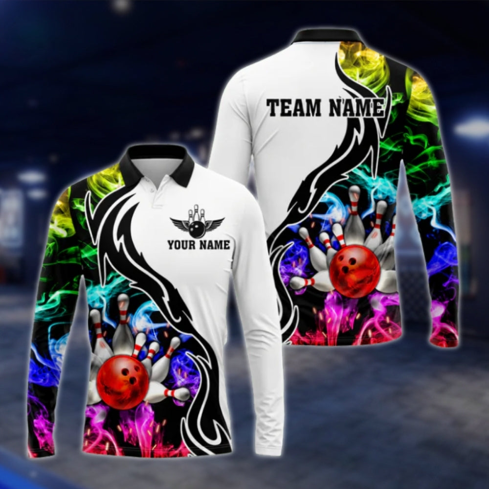 Custom Team Multicolor Smoke Bowling Long Sleeve Polo Shirt For Mens, Custom Bowling Team Shirts BO0263 BOW0372