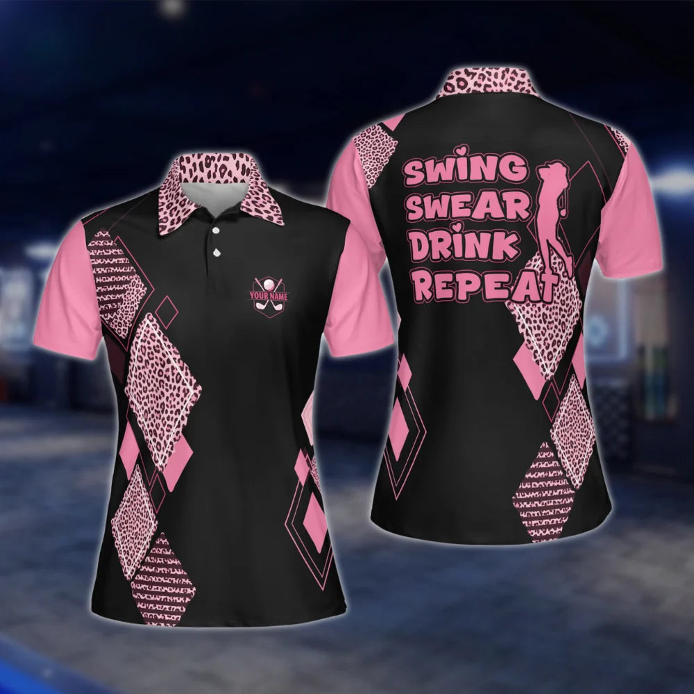 Personalized Swing Swear Drink Repeat Women's Pink Leopard Golf Polo Shirt, Custom Funny Golf Shirt For Ladies GOF0017
