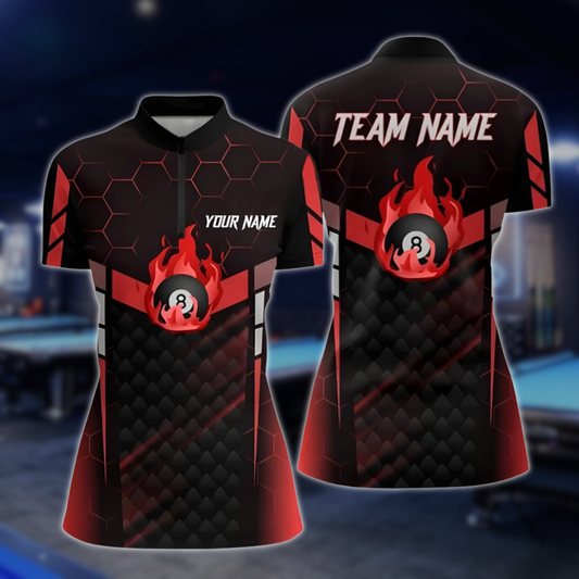 Custom Black Red Flame 8 Ball Billiard Team Jersey For Women, Custom Pool Billiard Shirts For Ladies BLD0170