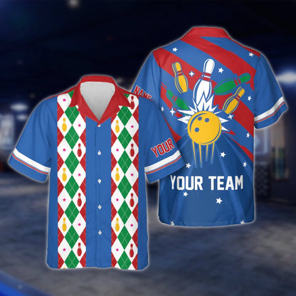 Custom Argyle Red Blue Green Hawaiian Bowling Shirt Men Women, Custom Retro Bowling Shirts For Team BE0015 BOW0347