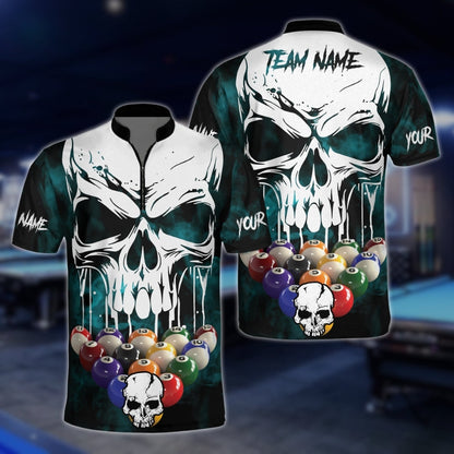 Custom Skull Cyan Billiard Men Jersey, Custom Skull Pool Billiard Shirts Team BLD0022