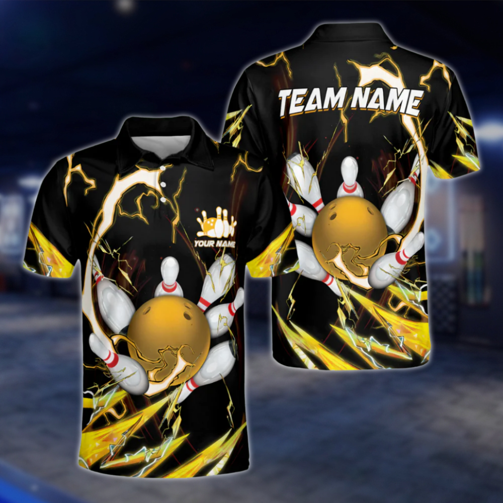 Custom Thunder Black Yellow Mens Bowling Polo Shirts, Custom Team Bowling Shirts BE0042 BOW0297