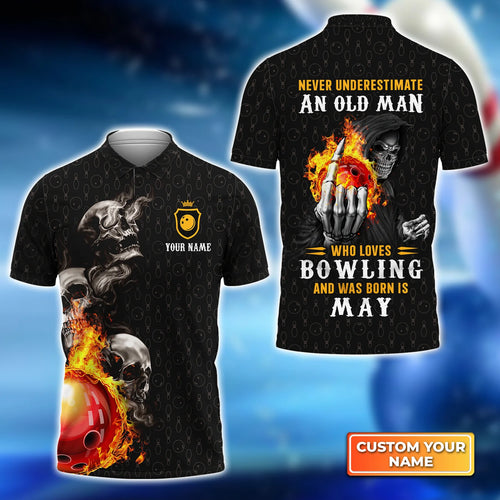 Bowling Skull Never Underestimate An Old Man Who Loves Bowling And Was Born In May Personalized Name 3D Polo Shirt QB95 Gift For Bowler ORN0285