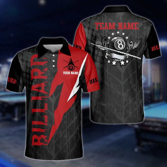 Custom 8 Ball Black And Red Billiard Polo Shirt For Men, Custom 8 Ball Billiard Team Shirts BLD0286
