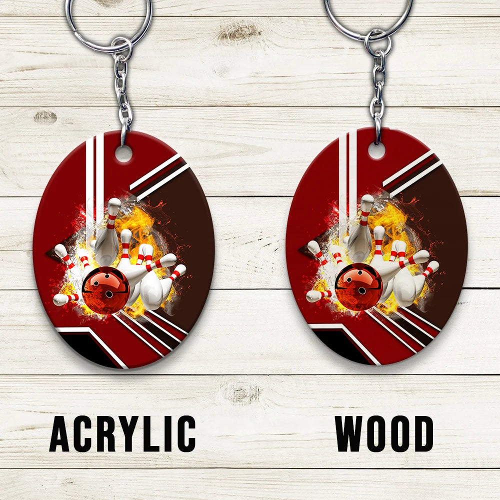 Red Bowling Ball On Fire Crashing Pins Keychain ORN0187