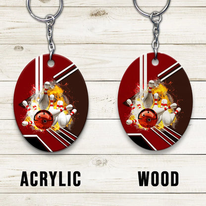 Red Bowling Ball On Fire Crashing Pins Keychain ORN0187