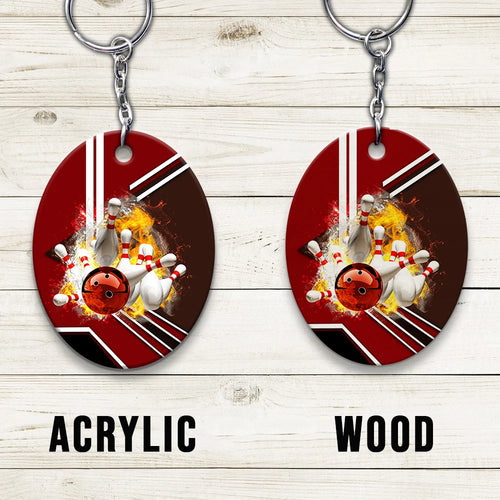 Red Bowling Ball On Fire Crashing Pins Keychain ORN0187