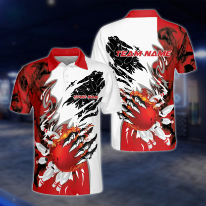 Personalised White Red Flame Ball Bowling Polo Shirts For Men, Custom Flame Bowling Team Shirt BZ0171 BOW0468