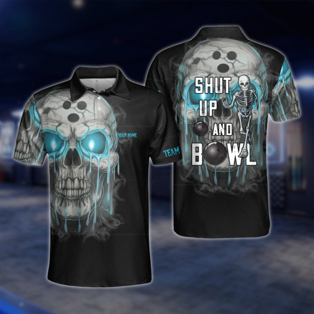 Custom Shut Up And Bowl Skeleton Black Cyan Bowling Polo Shirt, Custom Skull Funny Bowling Team Shirts BZ0490 BOW0284