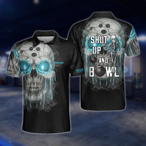 Custom Shut Up And Bowl Skeleton Black Cyan Bowling Polo Shirt, Custom Skull Funny Bowling Team Shirts BZ0490 BOW0284