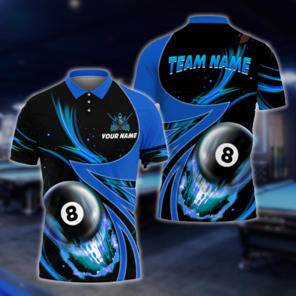 Custom 8 Ball Black And Blue Billiard Men's Polo Shirt, Custom Team 8 Ball Billiard Shirts BLD0060