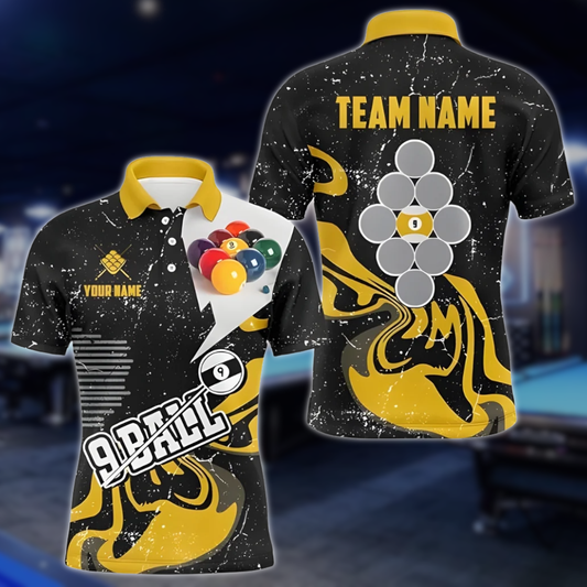 Custom Black And Yellow 9 Ball Billiard Men's Polo Shirts, Custom 9 Ball Pool Team Shirts BLD0180