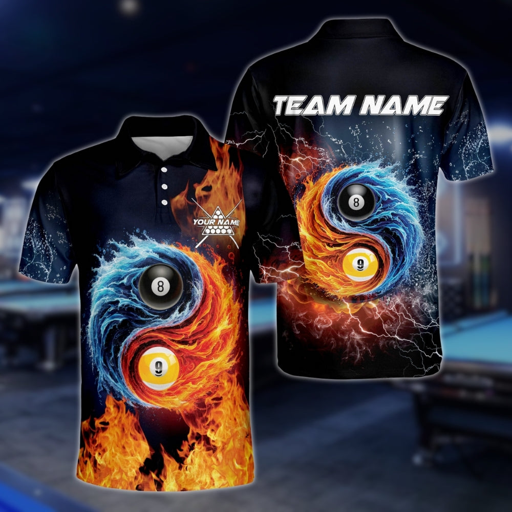 Custom Flame Water 8 Ball And 9 Ball Billiard Polo Shirt Men, Custom Flame Billiard Team Shirts BLD0004