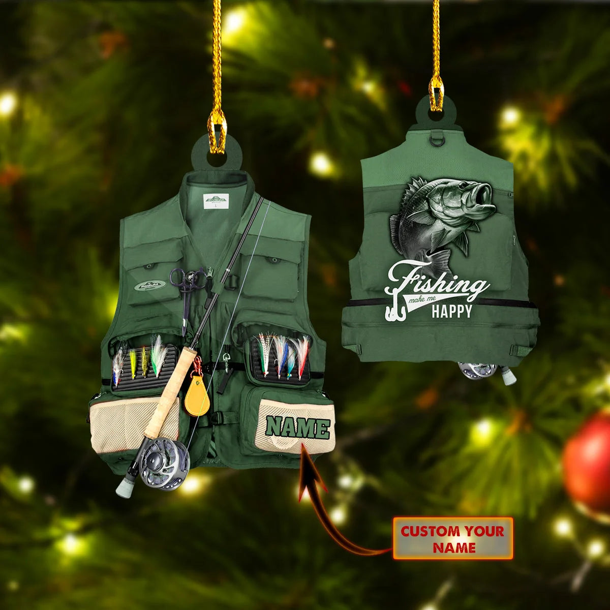 Fishing Ornament - Custom Shaped Ornament - Fishing Vest Green Ornament ORN0042