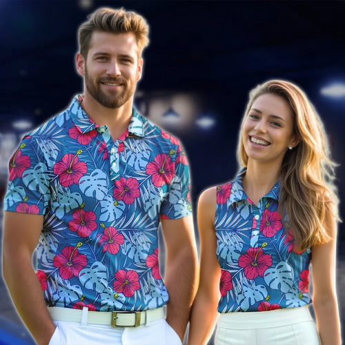 Hibiscus Tropical Matching Men And Women Blue Golf Shirts, Matching Tropical Golf Shirts For Couples GOF0181
