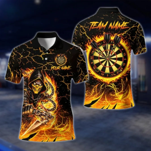 Skeleton Flaming Custom Mens Darts Polo Shirt, Custom Skull Dart Shirts For Team DAT0311