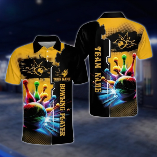 Custom Team Multicolor Pins And Ball Bowling Mens Polo Shirt, Black And Yellow Custom Bowling Shirts BO0377 BOW0339