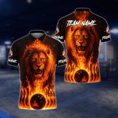 Lion Flame Custom Bowling Polo Shirt Mens, Custom Lion Bowling Shirts BE0167 BOW0381