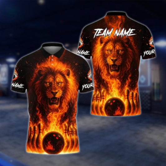 Lion Flame Custom Bowling Polo Shirt Mens, Custom Lion Bowling Shirts BE0167 BOW0381