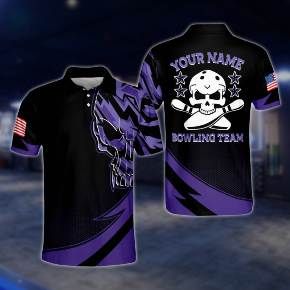 Custom Skull Black Purple Bowling Polo Shirt For Mens, Custom Skeleton Bowling Team Shirts BM0059 BOW0342