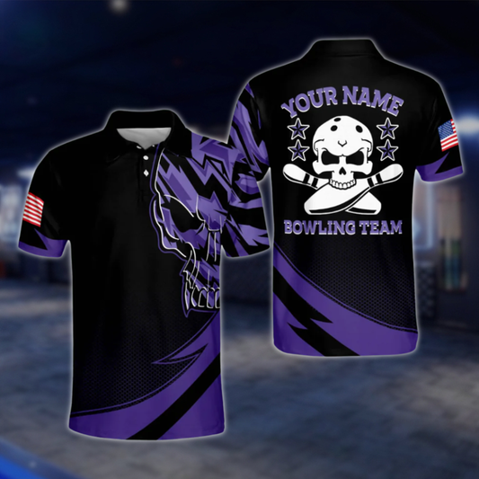Custom Skull Black Purple Bowling Polo Shirt For Mens, Custom Skeleton Bowling Team Shirts BM0059 BOW0342