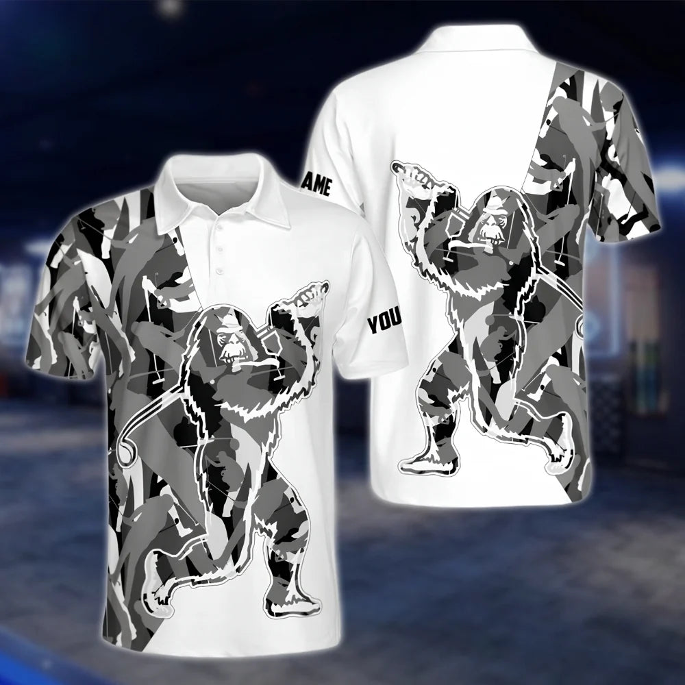 Custom Bigfoot Saquatch Men's White And Grey Golf Polo Shirts, Custom Bigfoot Golf Shirts GOF0188