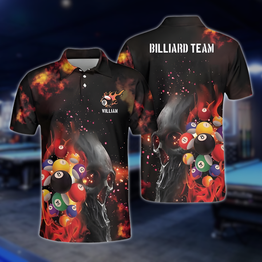 Custom Flame Skull Billiard Polo Shirt For Men, Custom Skull Billiard Team Shirts BLD0281